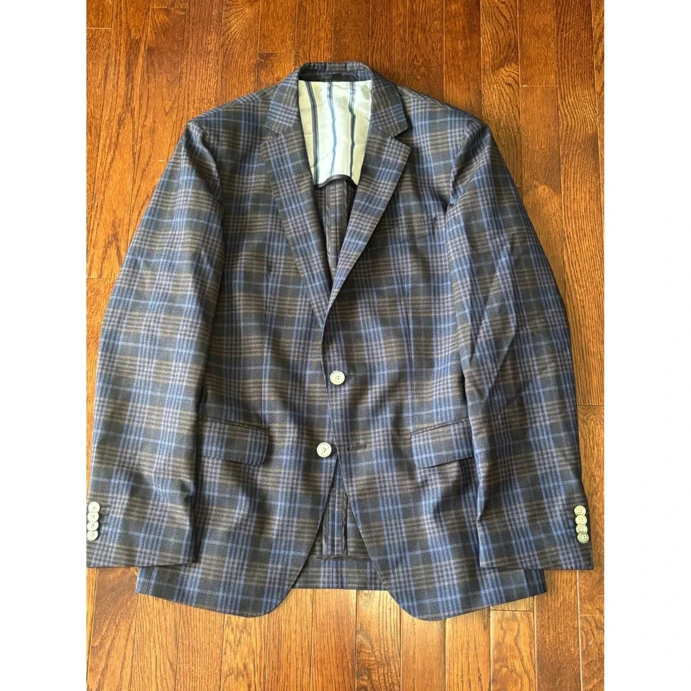Hugo Boss Mens 38R Sport Coat Blue Plaid Virgin Wool Lanificio Tesse Biella